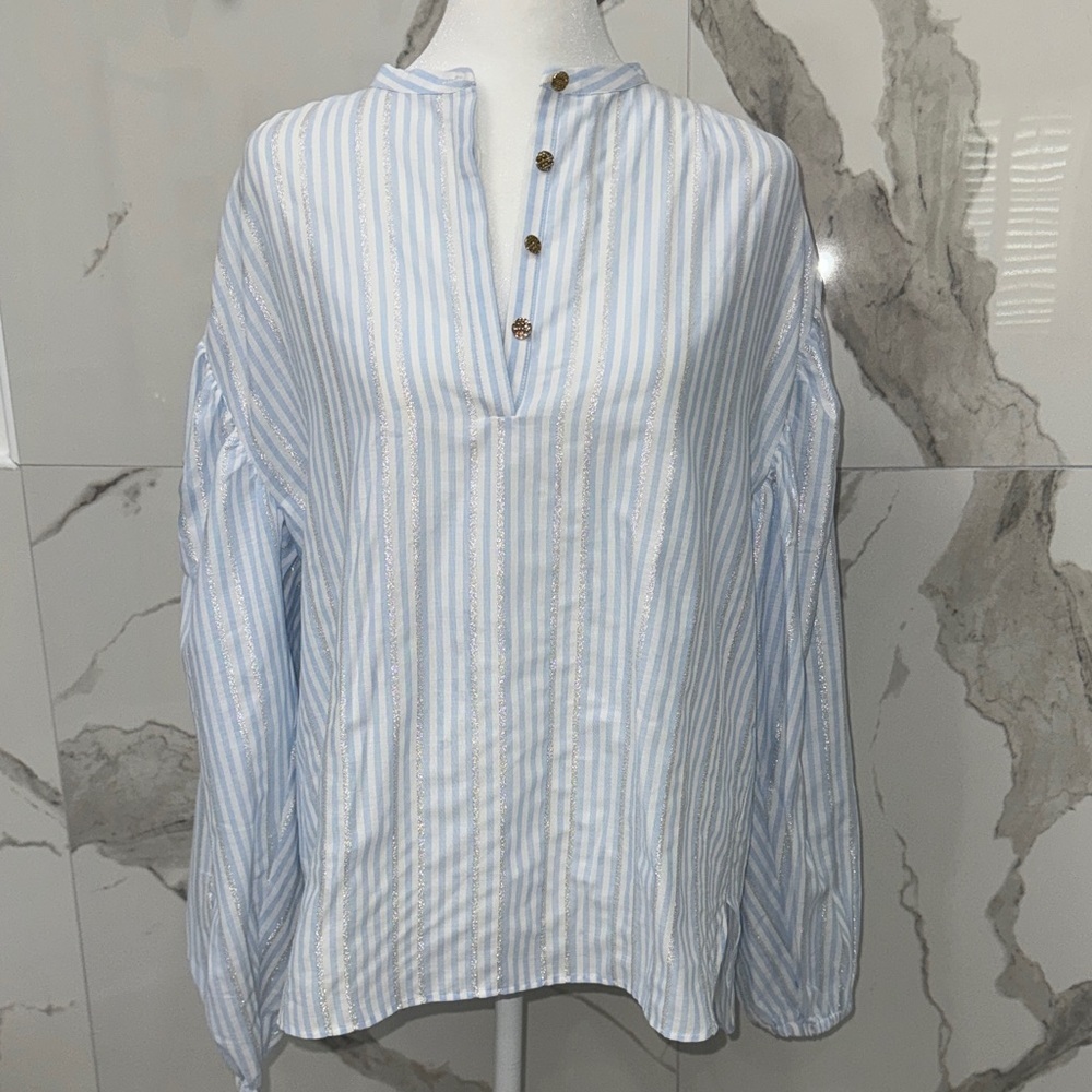 NWT Emily McCarthy Loli Top Blue White Metalic Striped Women's Blouse